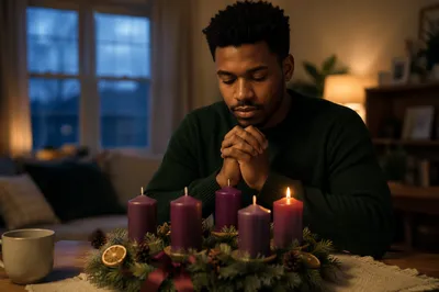 Man Praying Beside Advent Wreath Candle