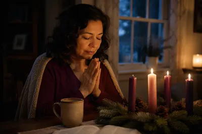 Woman Praying Beside Advent Wreath Candle
