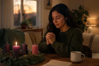 Young Woman Praying Beside Advent Wreath