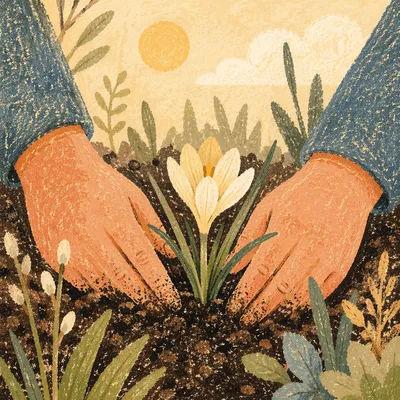 Hands Planting Spring Flower in Garden