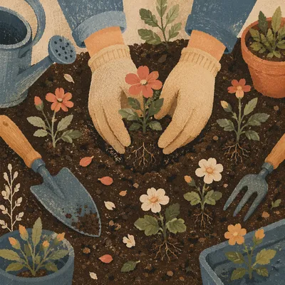 Spring Flower Planting Hands in Garden Soil