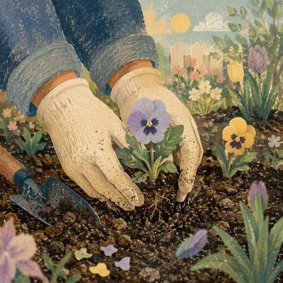 Hands Planting Spring Flowers in Garden