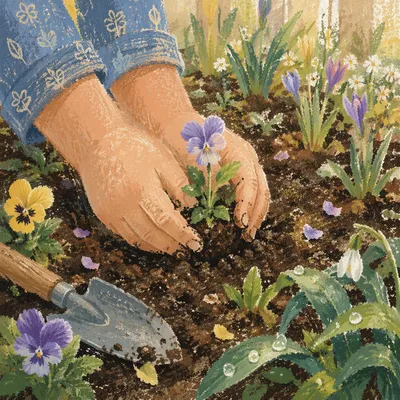 Hands Planting Spring Flowers in Garden Soil