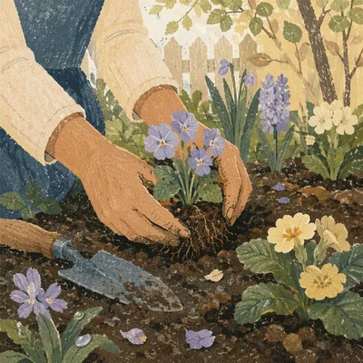 Hands Planting Spring Flowers in Garden