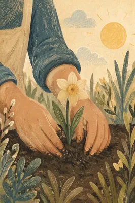 Hands Planting Spring Flower in Garden