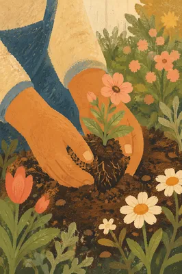 Hands Planting Spring Flowers in Garden Soil