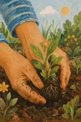 Hands Planting Spring Seedling in Soil