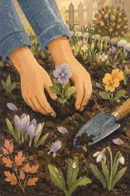 Hands Planting Spring Flowers in Garden Soil