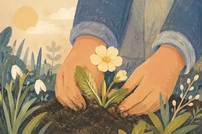 Hands Planting Spring Flower in Garden Soil