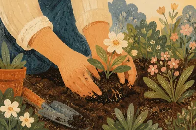 Hands Planting Spring Flowers in Garden Soil