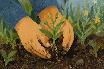 Hands Planting Spring Seedling in Garden