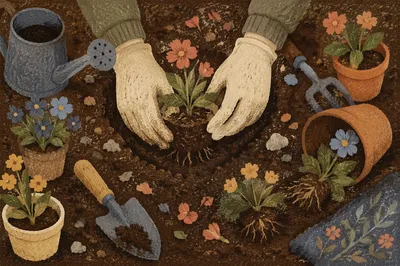 Spring Flower Planting Hands in Garden Soil