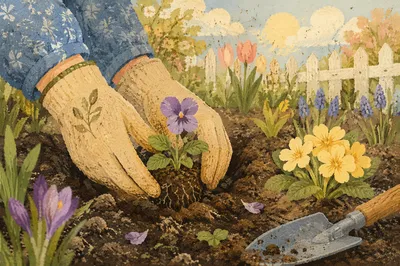 Hands Planting Spring Flowers in Garden Soil