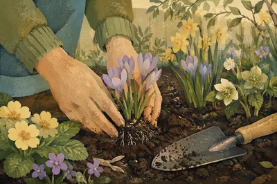Hands Planting Spring Flowers in Garden Soil