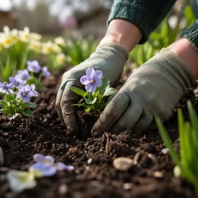 Hands Planting Spring Flower Seedlings
