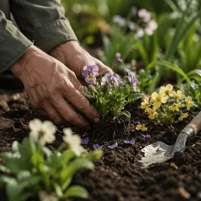 Hands Planting Spring Flowers in Garden