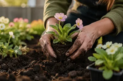 Hands Planting Spring Flowers in Garden Soil