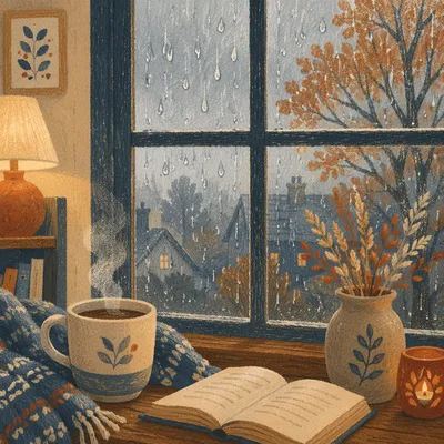 Cozy Rainy Window Autumn Indoor Scene