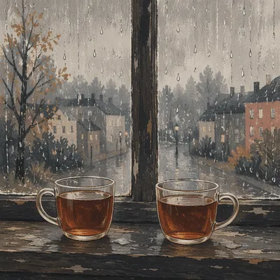 Cozy Rainy Window Tea Still Life