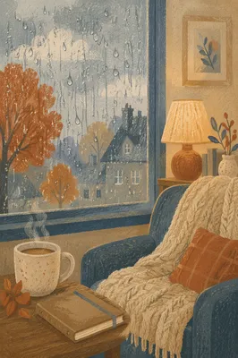 Cozy Rainy Autumn Window and Lamp