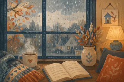 Cozy Rainy Autumn Window Still Life