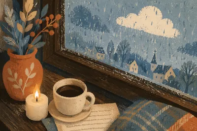 Cozy Rainy Window with Candle and Coffee