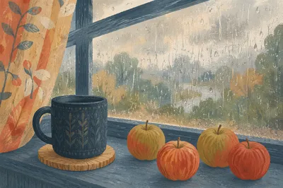 Cozy Rainy Day Windowsill with Mug
