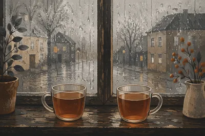 Cozy Rainy Window Tea Still Life