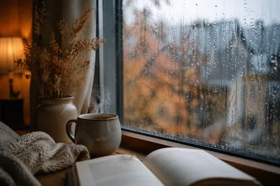 Cozy Rainy Window with Autumn Warmth