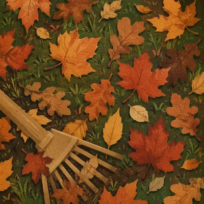 Raking Autumn Leaves in Golden Yard