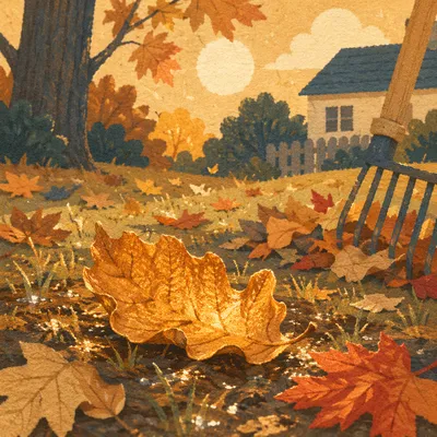 Golden Autumn Leaves Raked in Quiet Yard