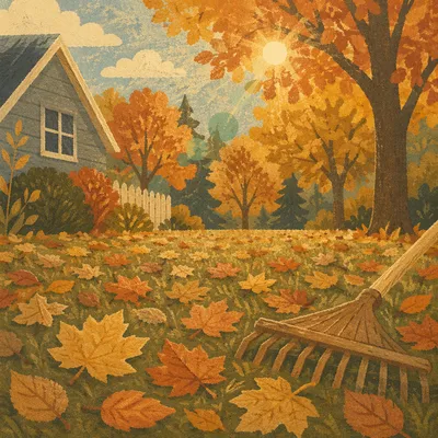 Golden Autumn Leaves and Wooden Rake