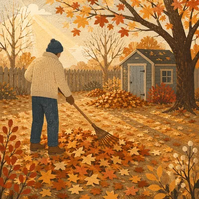 Peaceful Autumn Leaf Raking in Backyard