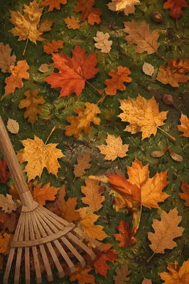 Raking Autumn Leaves in Golden Yard