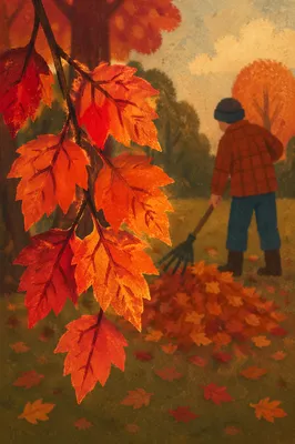 Golden Autumn Leaves Raking in Yard