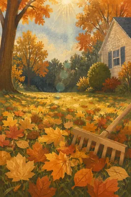 Autumn Yard Raking in Golden Light