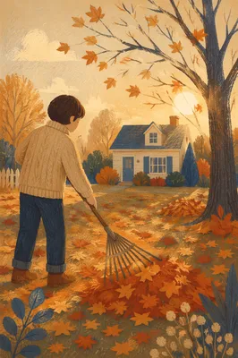 Raking Autumn Leaves in Golden Yard