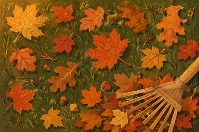 Autumn Yard Leaves in Golden Afternoon