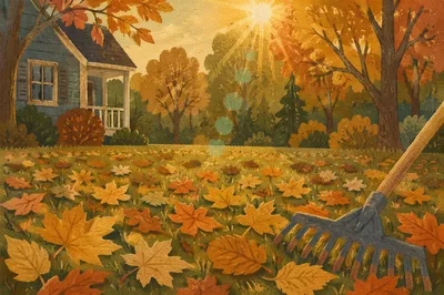 Golden Autumn Yard With Wooden Rake