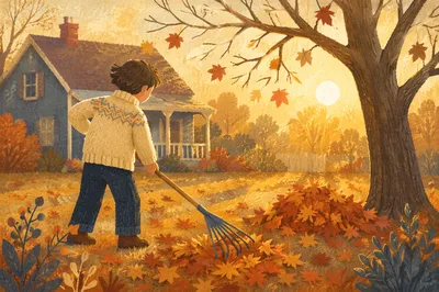 Raking Autumn Leaves in Golden Yard