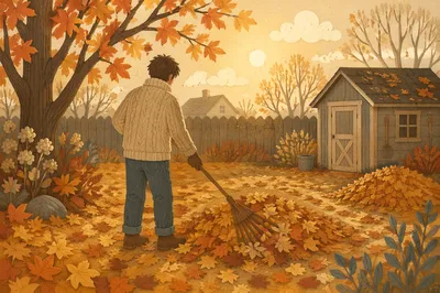 Peaceful Autumn Leaf Raking in Backyard