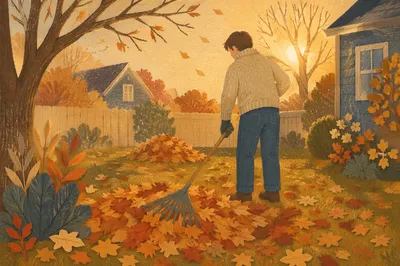Golden Autumn Leaf Raking in Backyard