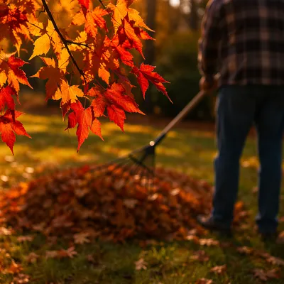 Raking Autumn Leaves in Golden Yard Light