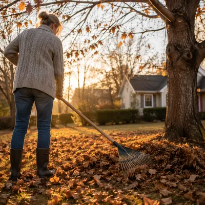 Raking Autumn Leaves in Golden Yard