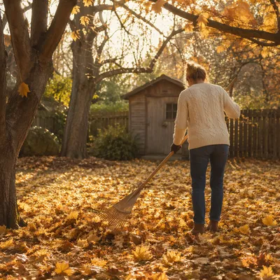 Peaceful Autumn Leaf Raking in Backyard