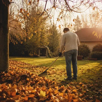 Raking Autumn Leaves in Golden Backyard Light