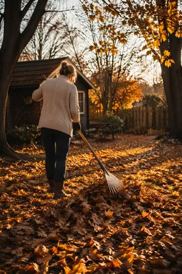 Raking Golden Autumn Leaves in Backyard