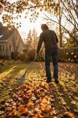 Raking Autumn Leaves in Golden Backyard