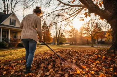 Raking Autumn Leaves in Golden Afternoon