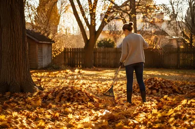 Raking Golden Autumn Leaves in Backyard